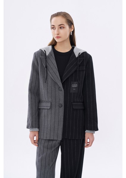 Çizgili Matchli Kapüşonlu Blazer Ceket Siyah