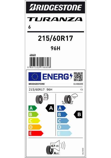215/60 R17 96H Turanza 6 A-B-67 Suv Oto Yaz Lastiği (Üretim Yılı: 2024