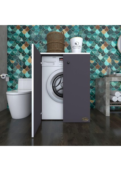 Kenzlife çamaşır makinesi dolabı kapaklı tatyana gri 90*70*60 banyo ofis kapaklı arkalıksız