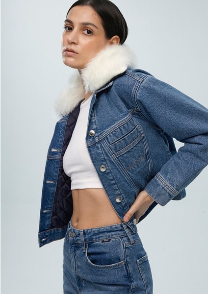 Casey Iconic Indigo Mavisi Suni Kürklü Jean CEKET1110196-88592 fiyatları