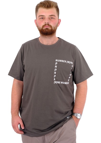 Erkek Büyük Beden T-Shirt Pamuklu Baskılı Bisiklet Yaka Tişört Number U24051 Haki