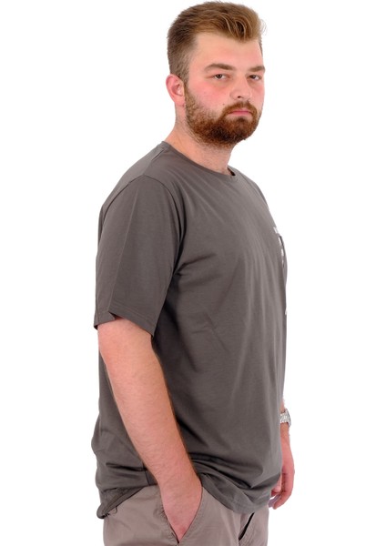 Erkek Büyük Beden T-Shirt Pamuklu Baskılı Bisiklet Yaka Tişört Number U24051 Haki modelleri