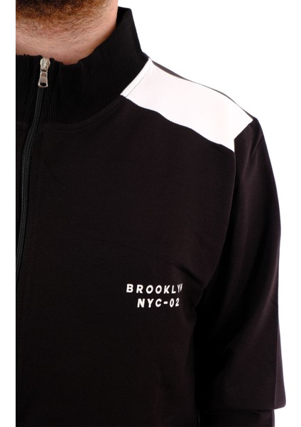 Mode Xl Büyük Beden Erkek Eşofman Üstü Dik Yaka Fermuarlı Brooklyn U24522 Siyah-Ekru indirimleri