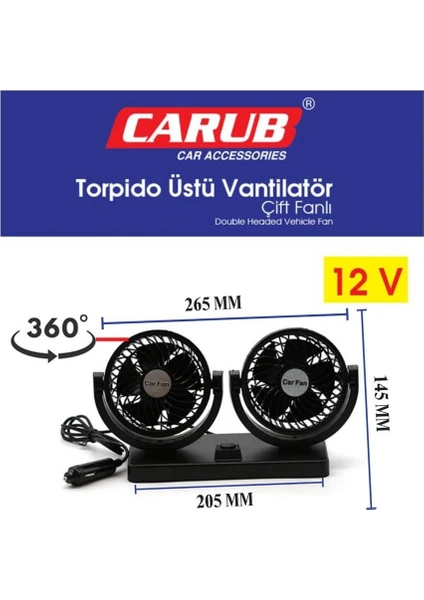 12V VANTİLATÖR ÇİFT FANLI TORPİDO ÜSTÜ