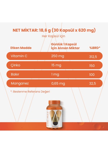 ZinCMax Çinko, Bakır, Manganez ve Vitamin C içeren Takviye Edici Gıda 30 Kapsül