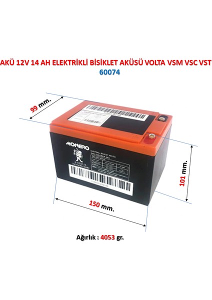 Akü 12V 14 Ah Elektrikli Bisiklet Aküsü Volta Vsm Vsc Vst