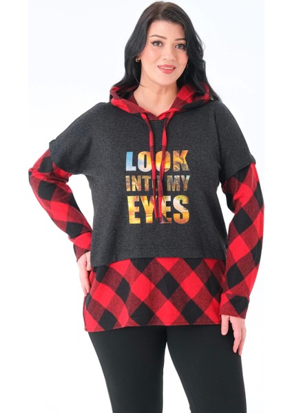 Ekoseli Oversize Kapüşonlu Büyük Beden Dokuma Sweatshirt