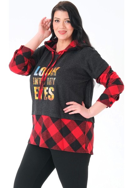 Ekoseli Oversize Kapüşonlu Büyük Beden Dokuma Sweatshirt modelleri