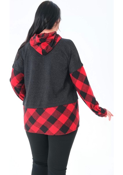 Ekoseli Oversize Kapüşonlu Büyük Beden Dokuma Sweatshirt indirimleri