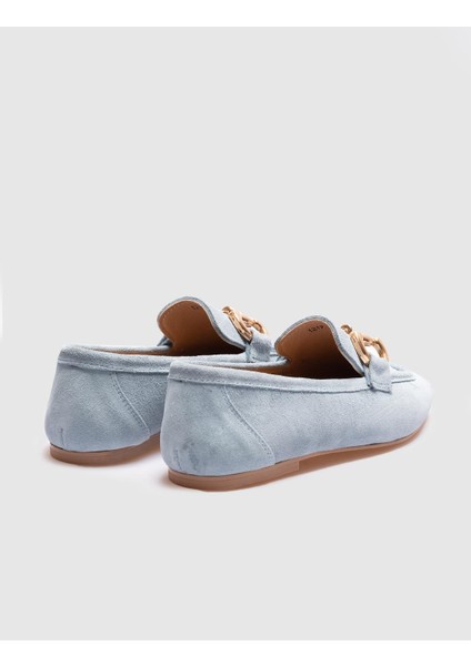Hakiki Deri Mavi Süet Kadın Loafer