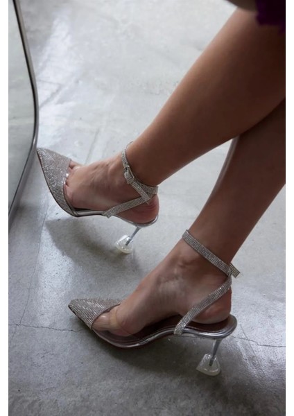 Şeffaf Gümüş Kristal Taşlı 8 cm Şeffaf Kadeh Topuklu Düğün Nişan Abiye Ayakkabı