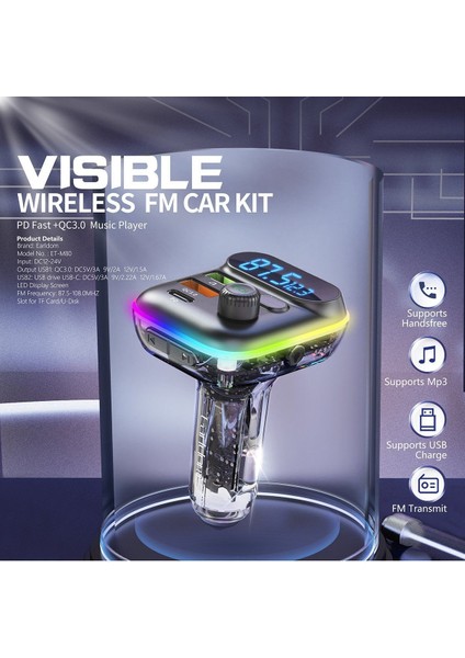 M80 Bluetooth Usb3.0 ve Type C Pd Hızlı Şarj Fm Transmitter
