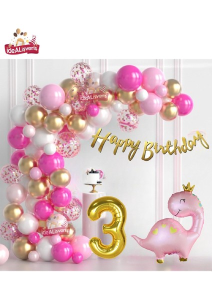 Lüks Pembe Dinozor Yaş Folyo Balonlu Pembe Gold Beyaz Doğum Günü Parti Seti Süsü