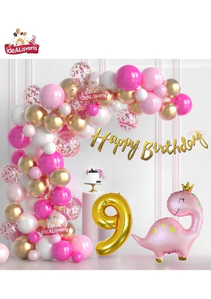 Lüks Pembe Dinozor Yaş Folyo Balonlu Pembe Gold Beyaz Doğum Günü Parti Seti Süsü
