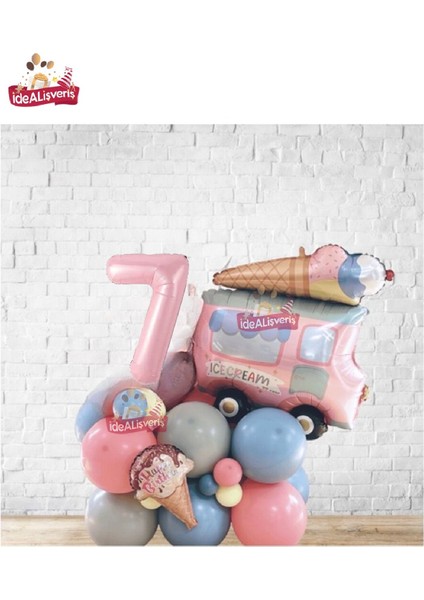 Büyük Dondurma Kamyonu Pembe Yaş Folyolu Çok Tatlı Balon Yığını,doğum Günü Parti Seti Süsü