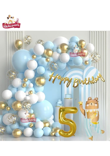 Lüks Teddy Ayı Folyolu Gold Yaş Folyo Balonlu Doğum Günü Parti Seti Süsü