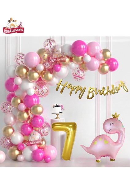Lüks Pembe Dinozor Yaş Folyo Balonlu Pembe Gold Beyaz Doğum Günü Parti Seti Süsü