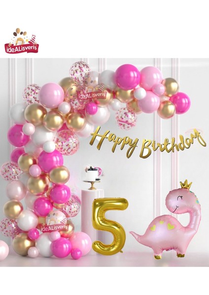 Lüks Pembe Dinozor Yaş Folyo Balonlu Pembe Gold Beyaz Doğum Günü Parti Seti Süsü
