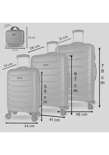 Solid Pp Polipropilen Kırılmaz Kabin Orta Büyük ve Makyaj Boy Gümüş Gri 4'lü Travel Valiz Seti