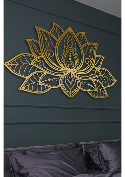 3D Lotus Metal Duvar Tablosu - Ev Duvar Dekorasyonu - 68 x 44 cm -Altın - ARTS-335GOLD