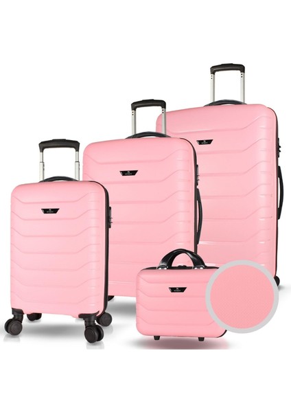 Solid Pp Polipropilen Kırılmaz Kabin Orta Büyük ve Makyaj Boy Toz Pembe 4'lü Travel Valiz Seti