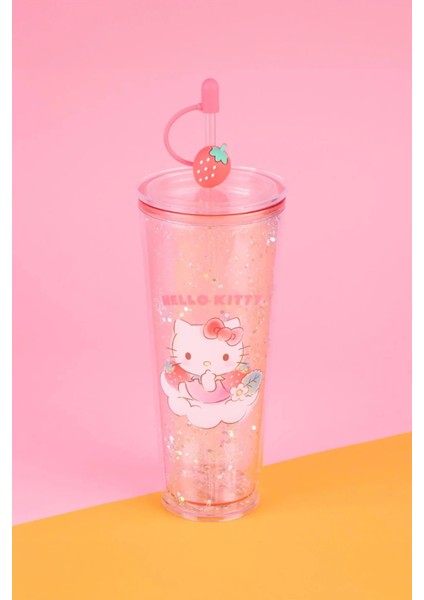 Sanrio Lisanslı Çift Cidarlı Pipetli Plastik Şişe (800ML) - Hello Kitty