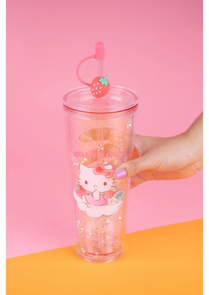 Sanrio Lisanslı Çift Cidarlı Pipetli Plastik Şişe (800ML) - Hello Kitty