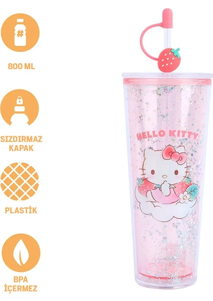 Sanrio Lisanslı Çift Cidarlı Pipetli Plastik Şişe (800ML) - Hello Kitty