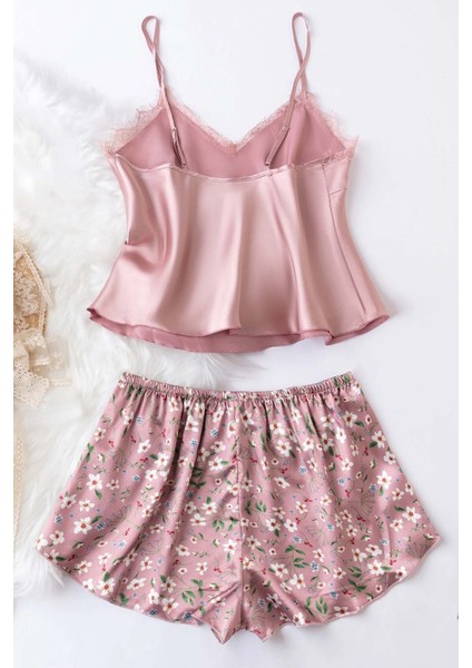 Dantel Işlemeli Çiçek Desenli Şort Pijama Takımı