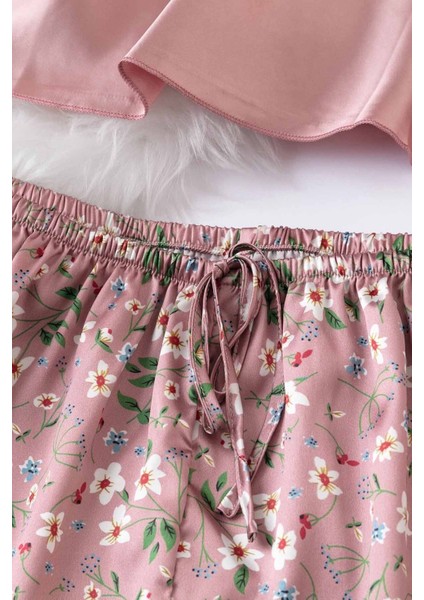 Dantel Işlemeli Çiçek Desenli Şort Pijama Takımı
