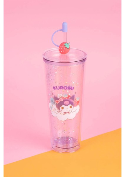 Sanrio Lisanslı Çift Cidarlı Pipetli Plastik Şişe (800ML) - Kuromi