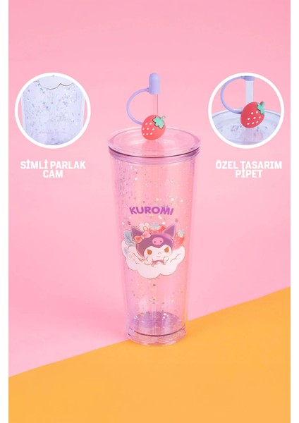 Sanrio Lisanslı Çift Cidarlı Pipetli Plastik Şişe (800ML) - Kuromi