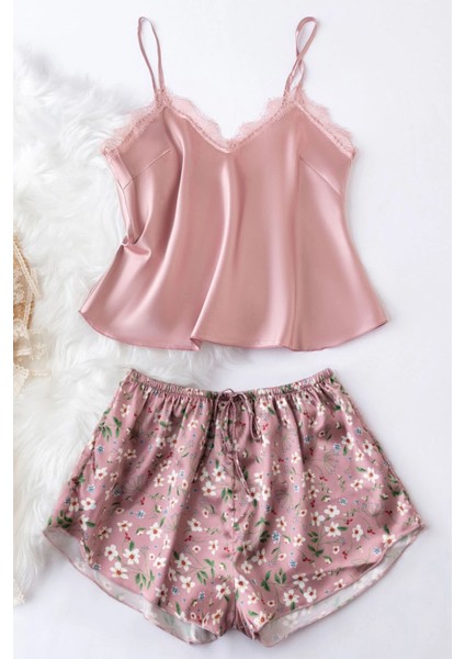 Dantel Işlemeli Çiçek Desenli Şort Pijama Takımı