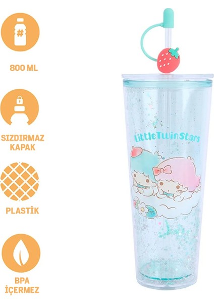 Sanrio Lisanslı Çift Cidarlı Pipetli Plastik Şişe (800ML) - Little Twin Stars