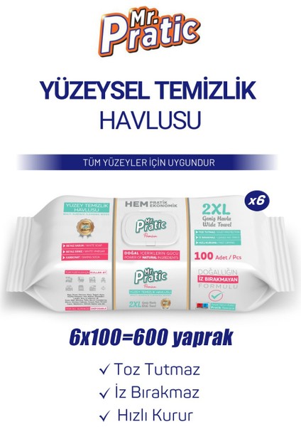 Premium Yüzey Temizlik Havlusu Beyaz Sabun Kokulu İz Bırakmaz Pratik Temizlik 6 x 100 600 Yaprak