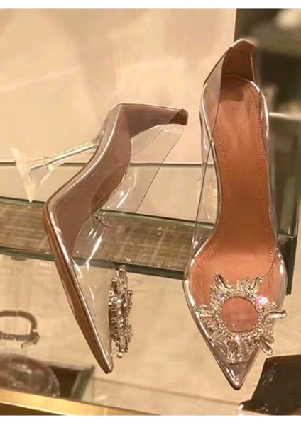 Kadın Princess Gümüş Nude Taba Beyaz Şeffaf Topuklu Taşlı Stiletto Sivri Burunlu Ayakkabı fırsatları