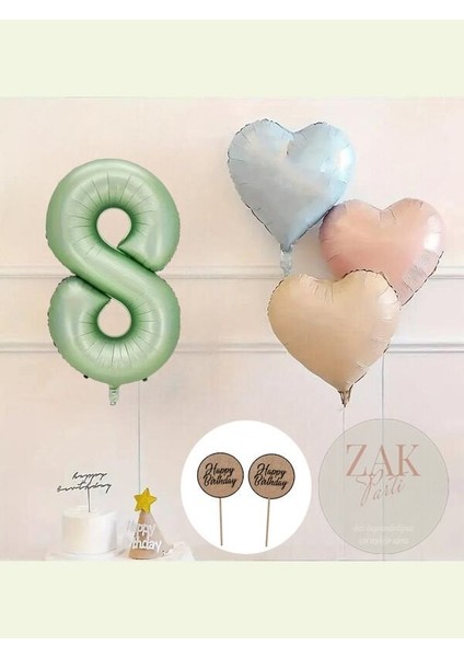 Su Yeşili Rakam Folyo Balon Retro Mavi Pembe Satin Kalp Folyo Balon Doğum Günü Balon Seti 8 Yaş