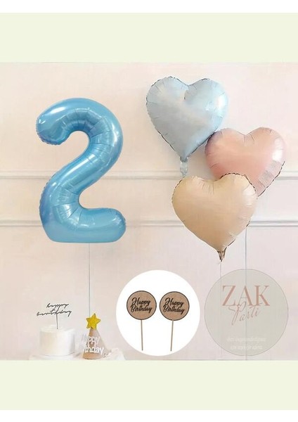 Mavi Rakam Folyo Balon Retro Mavi Pembe Satin Kalp Folyo Balon Doğum Günü Balon Seti 2 Yaş
