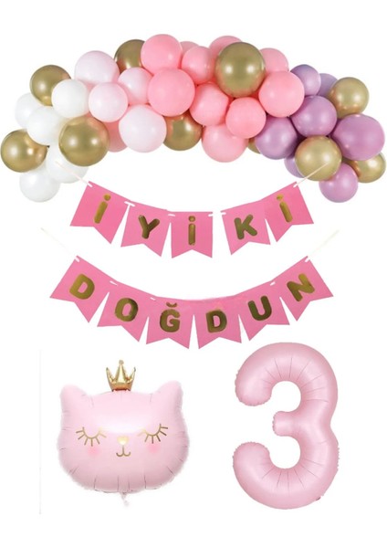 Kedi Folyo Balon Pastel Rakam Folyo Balon Balon Zinciri Seti 40 Balon 3 Yaş
