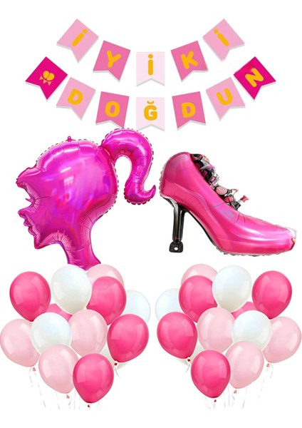 Pembe Kafa Folyo Balon Stiletto Folyo Balon Fuşya Pembe Beyaz Pembe Iyiki Doğdun Yazı Balon Seti