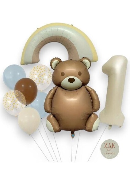 Retro Folyo Ayıcık Temalı Balon Seti Rakam Folyo Balon Krem Rengi Bej (Balon Bandı Hediyeli) 1 Yaş