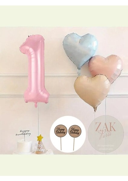 Pembe Rakam Folyo Balon Retro Mavi Pembe Satin Kalp Folyo Balon Doğum Günü Balon Seti 1 Yaş