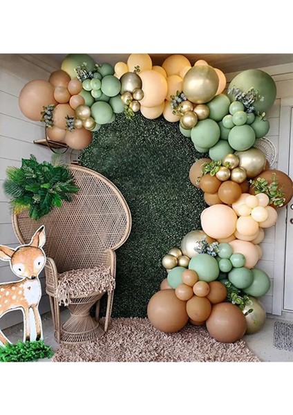 Karamel Balon Küf Yeşili Balon Ten Rengi Pastel Balon Krom Altın Balon Zinciri Seti
