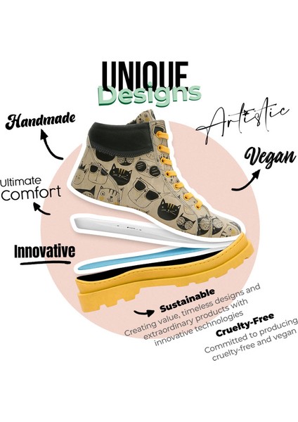 Kadın Vegan Deri Bej Bot - Monochrome Cats Tasarım