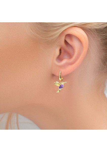 Ametist Damla Taşlı Arı Kuşu Altın Kaplama Gümüş Küpe fiyatları