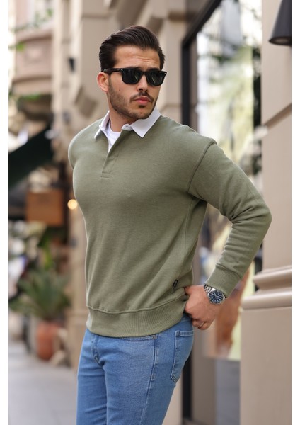 Polo Yaka Selanik Örme Kumaş Erkek Sweatshirt - Açık Haki