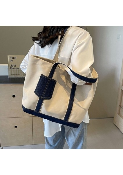 Dikişli Denim Kanvas Omuz Çantası Kadın Büyük Kapasiteli Tote Çanta Öğrenci Çantası Moda Banliyö Çantası (Yurt Dışından) fiyatları