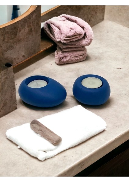 Concept Drop&spot Minimal Dekoratif Beton Tealight Mumluk 2'li Set Mavi