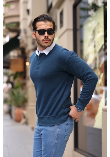 Polo Yaka Selanik Örme Kumaş Erkek Sweatshirt - Indigo
