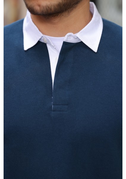 Polo Yaka Selanik Örme Kumaş Erkek Sweatshirt - Indigo modelleri